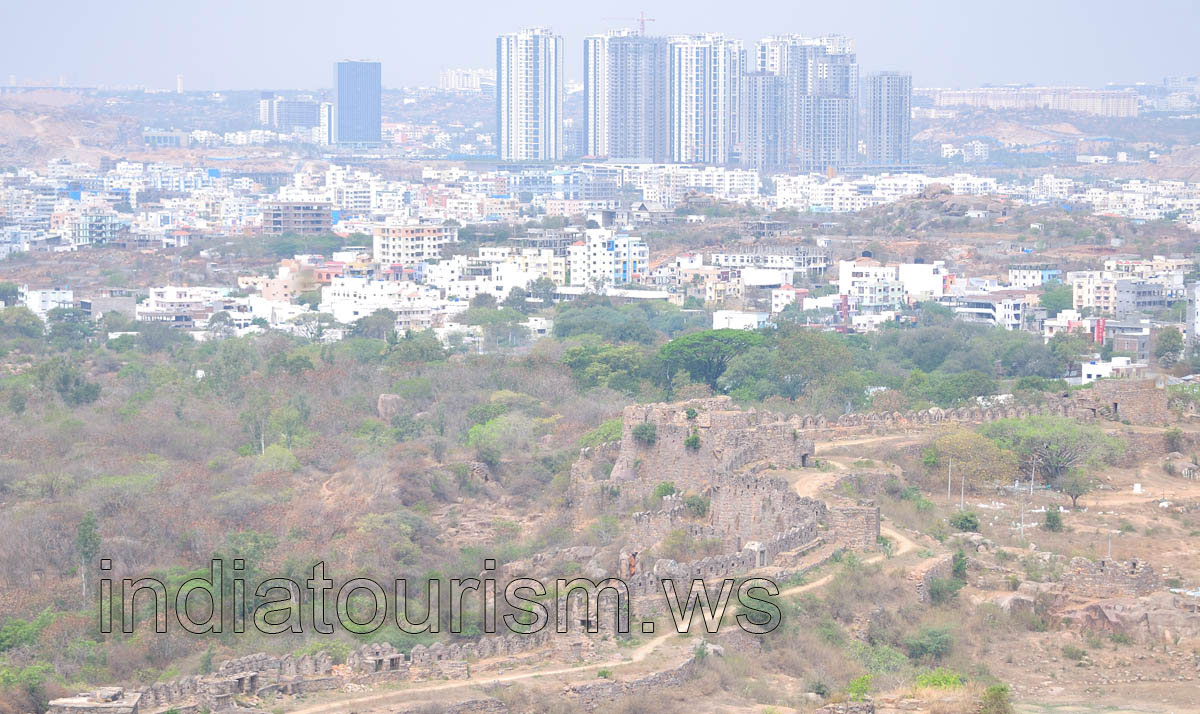 Fort overlooking the skyscraper complex of Hyderabad