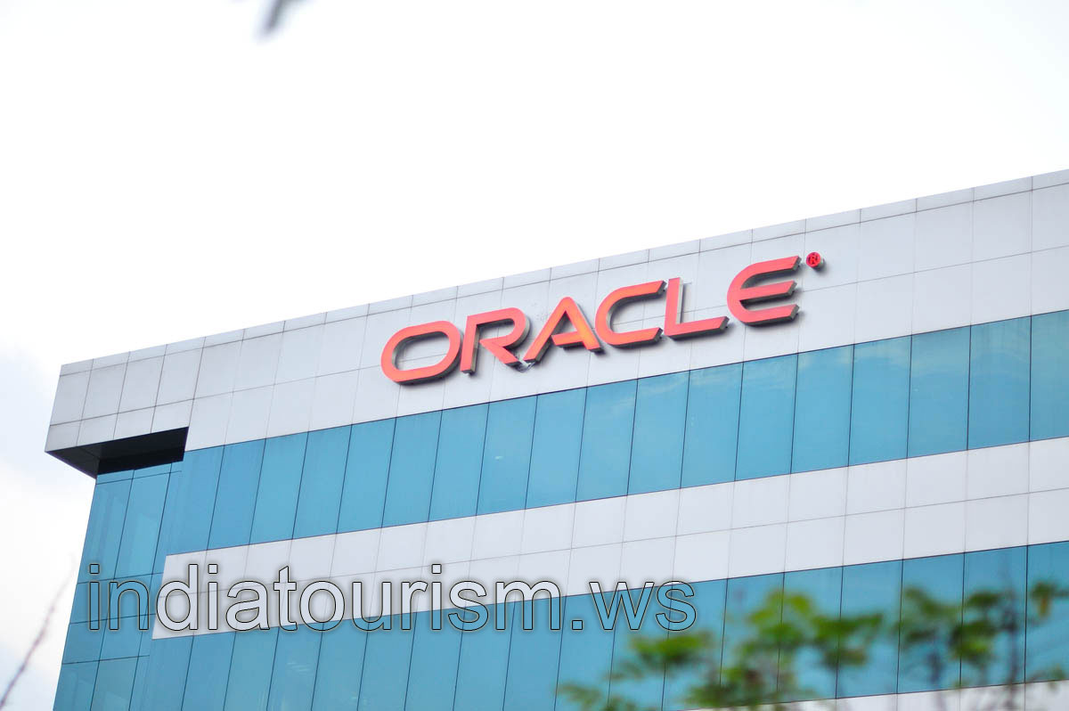 Oracle - the name of the company at the top of the building