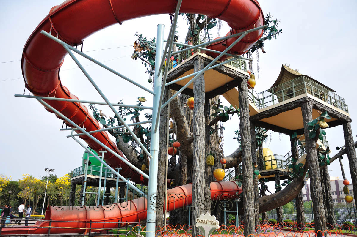Water ride is decorated with huge fruits