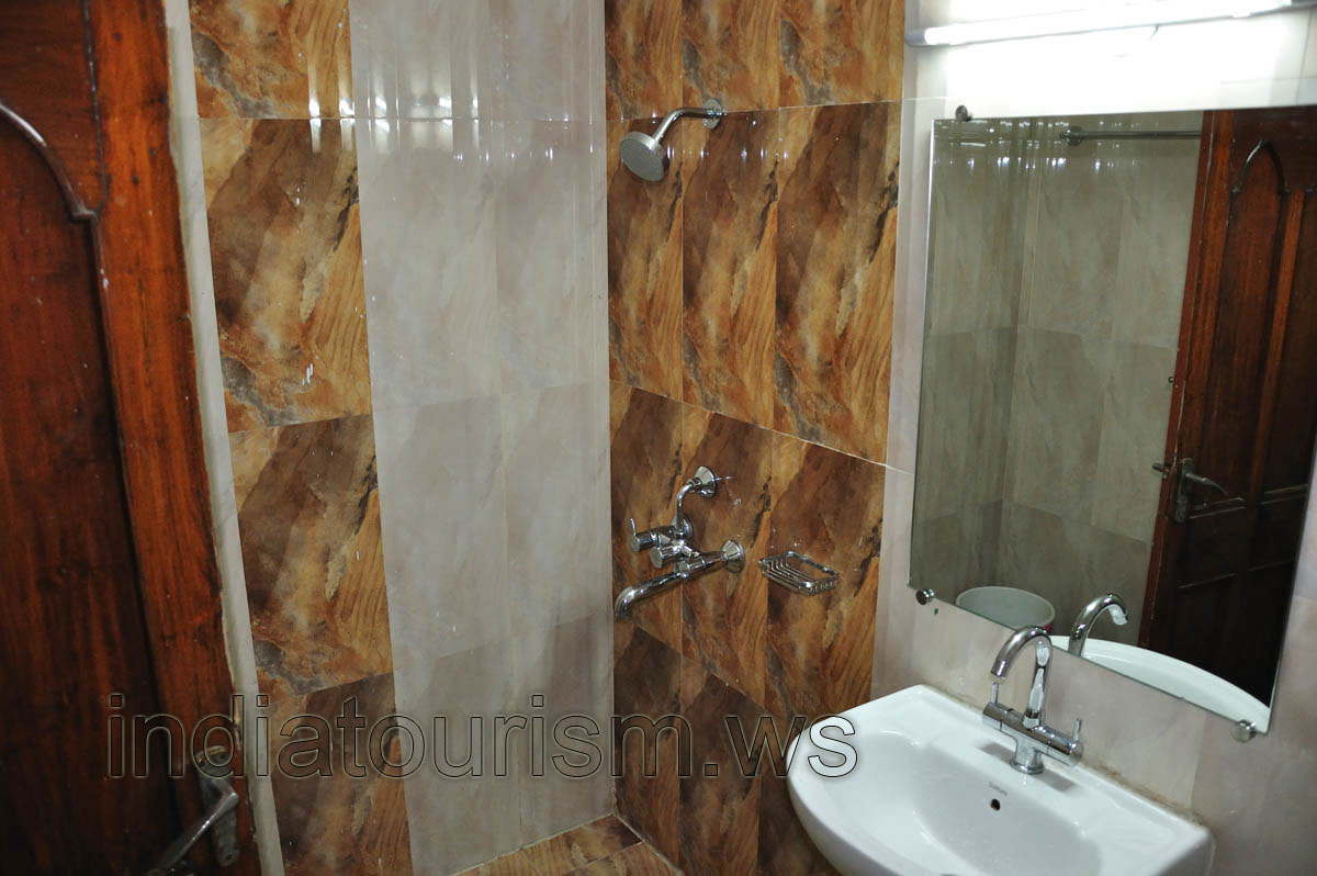 Hotel Mandakini Jaya International, wash basin and shower in the restroom