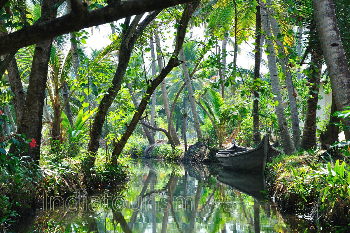 our canoe propelled by punting with a bamboo pole