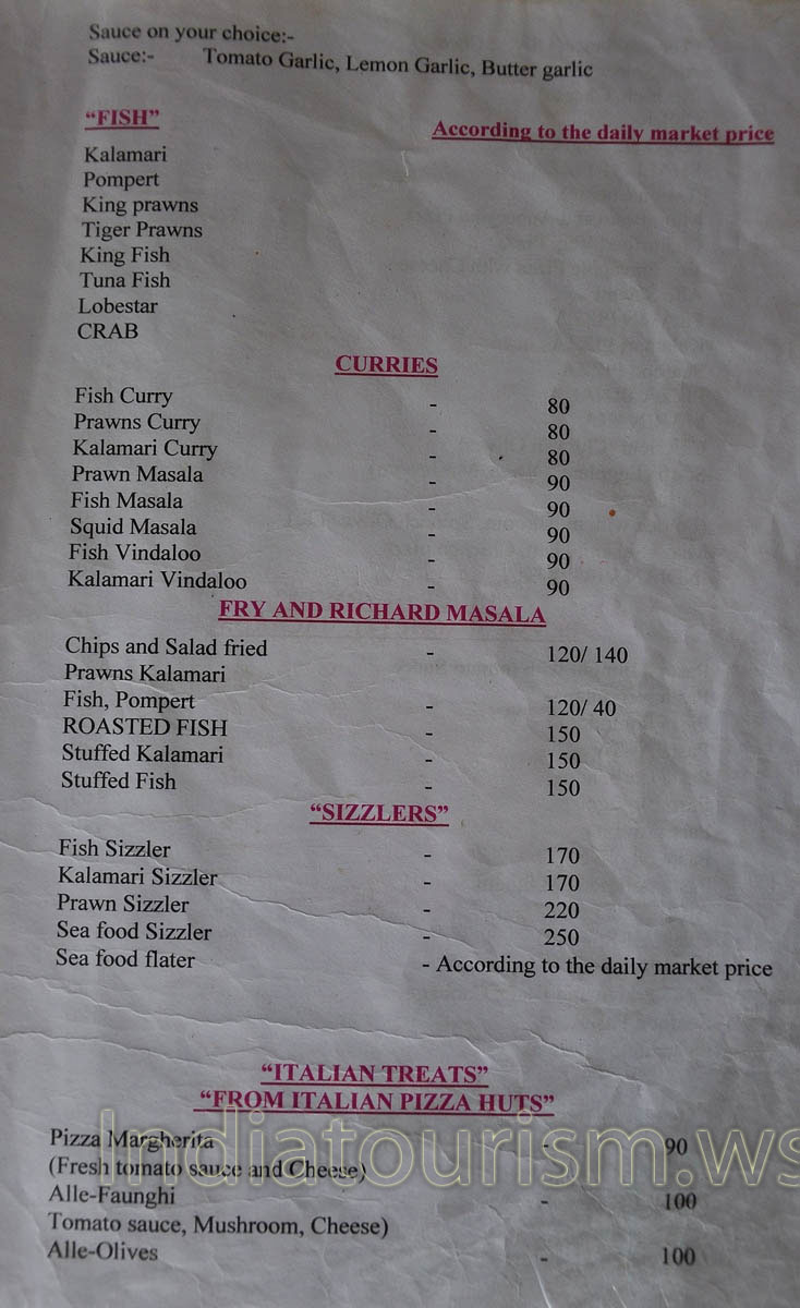 menu of Mamachompus restaurant - fish, curries, fry and richard masala, sizzlers