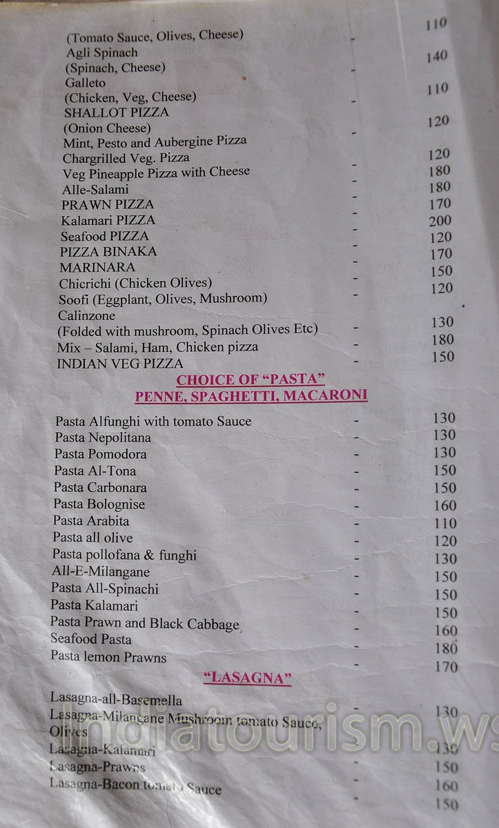 menu of Mamachompus restaurant - choice of pasta and lasagna