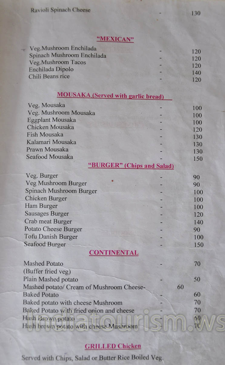 menu of Mamachompus restaurant - mousaka served with garlic bread, continental, grilled chicken