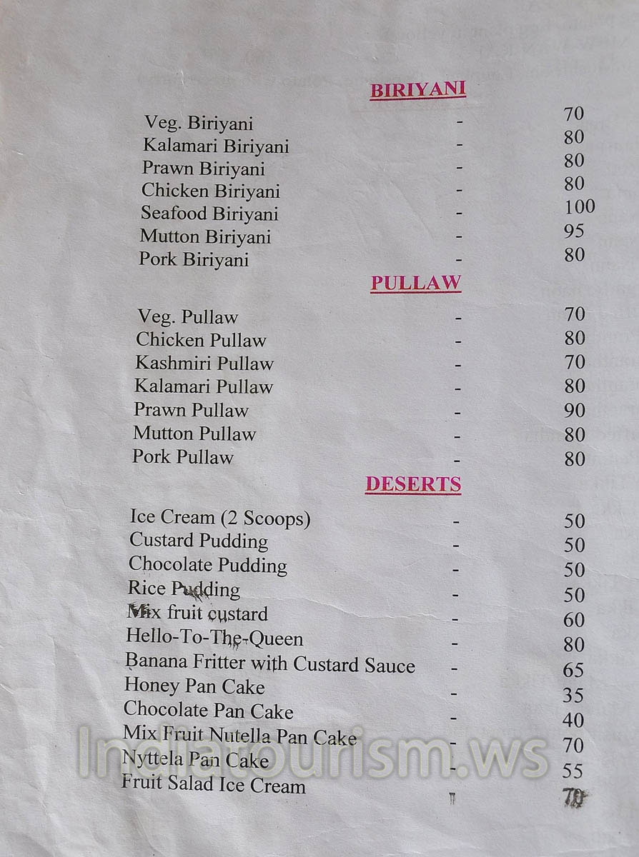 menu of Mamachompus restaurant - biriyani and pullaw, deserts