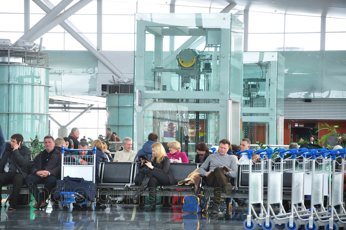 Kiev - Boryspil - Terminal D, people in the airport are waiting for the flight
