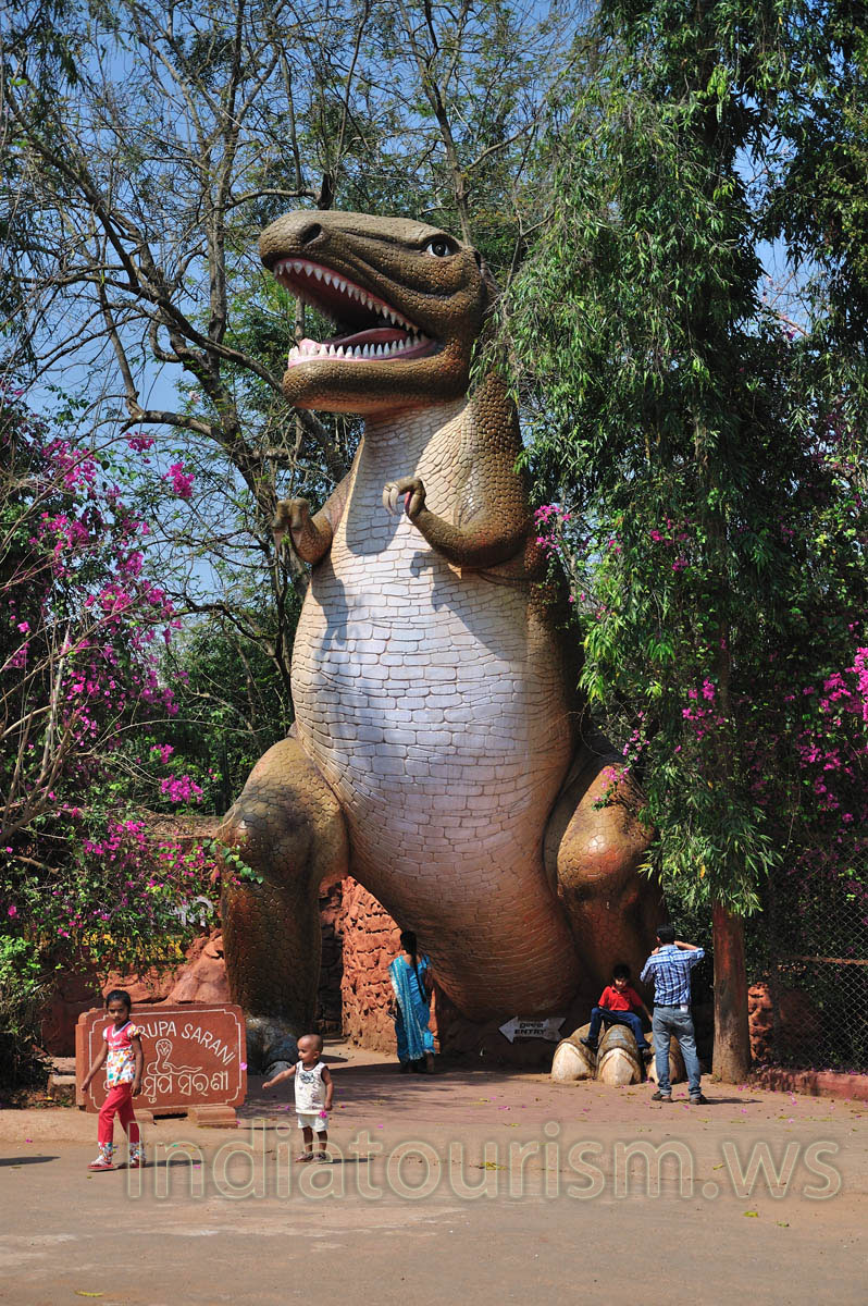 Entrance to the reptile enclosure is dominated by the dinosaur