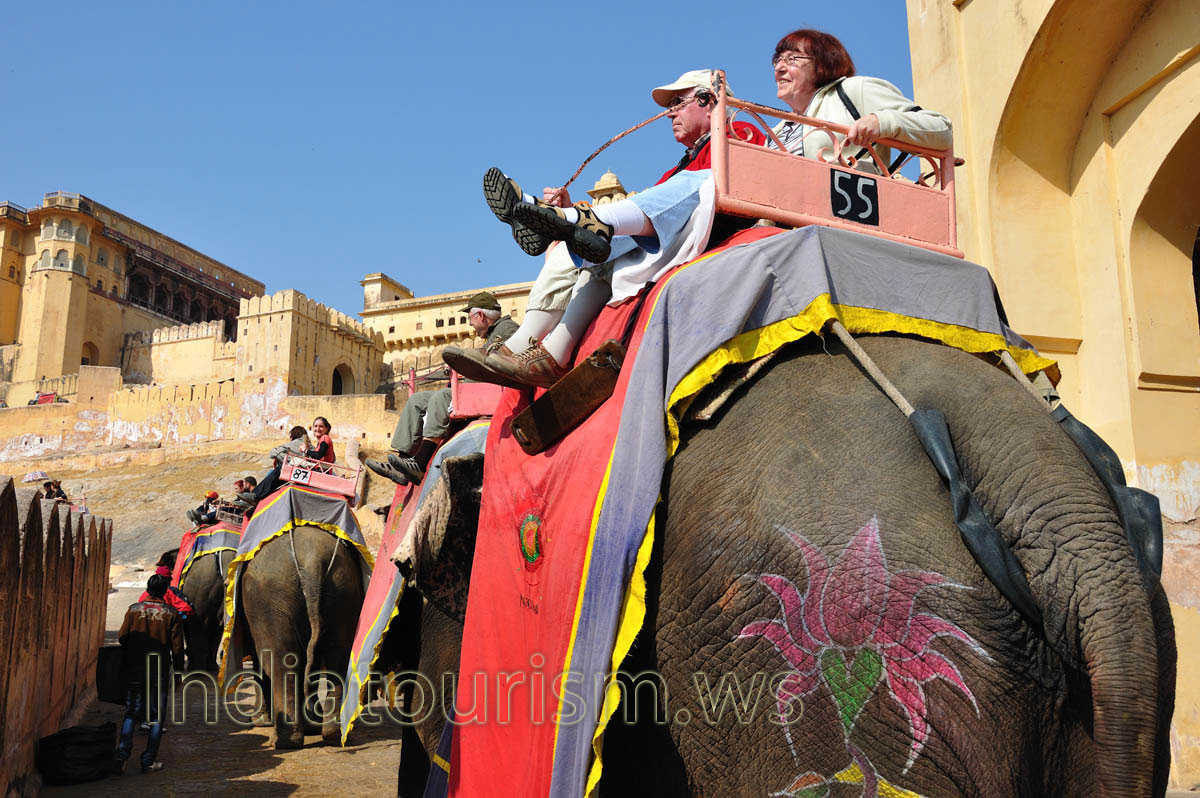 Elephant ride on the cobbled pathway to the fort