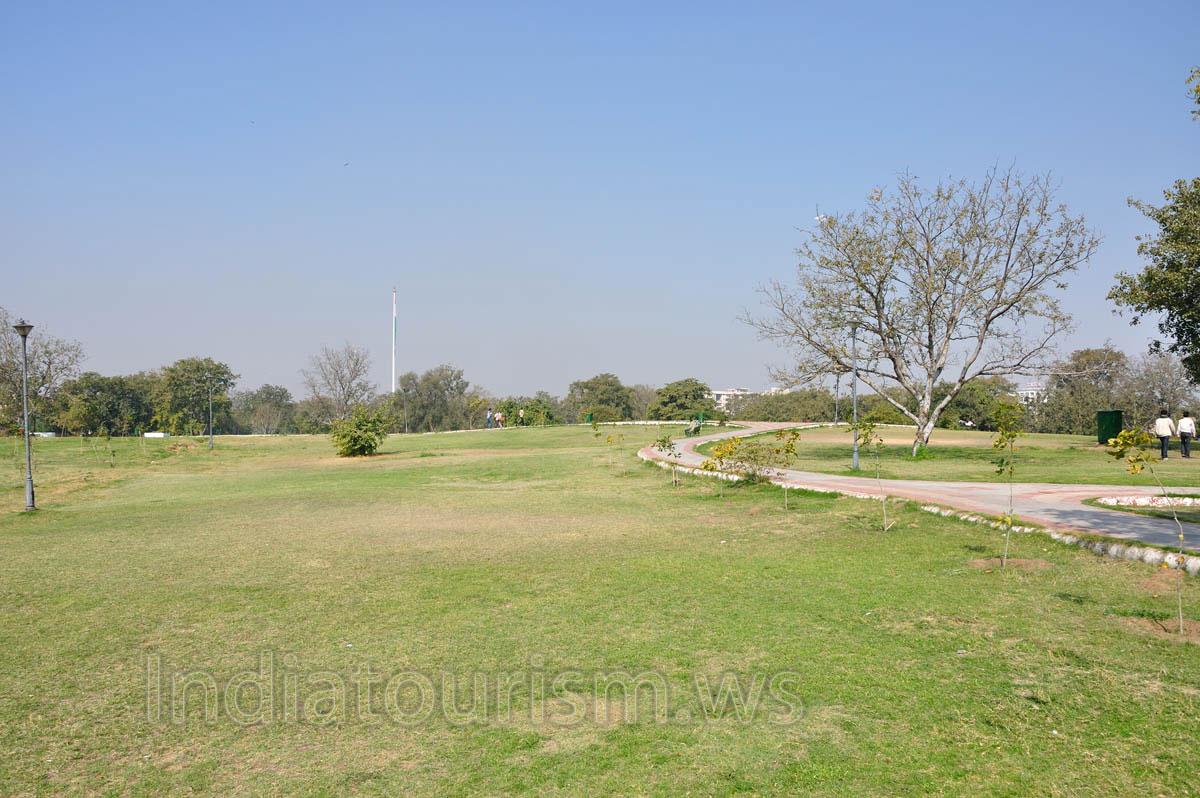 There are many huge green lawns in the park