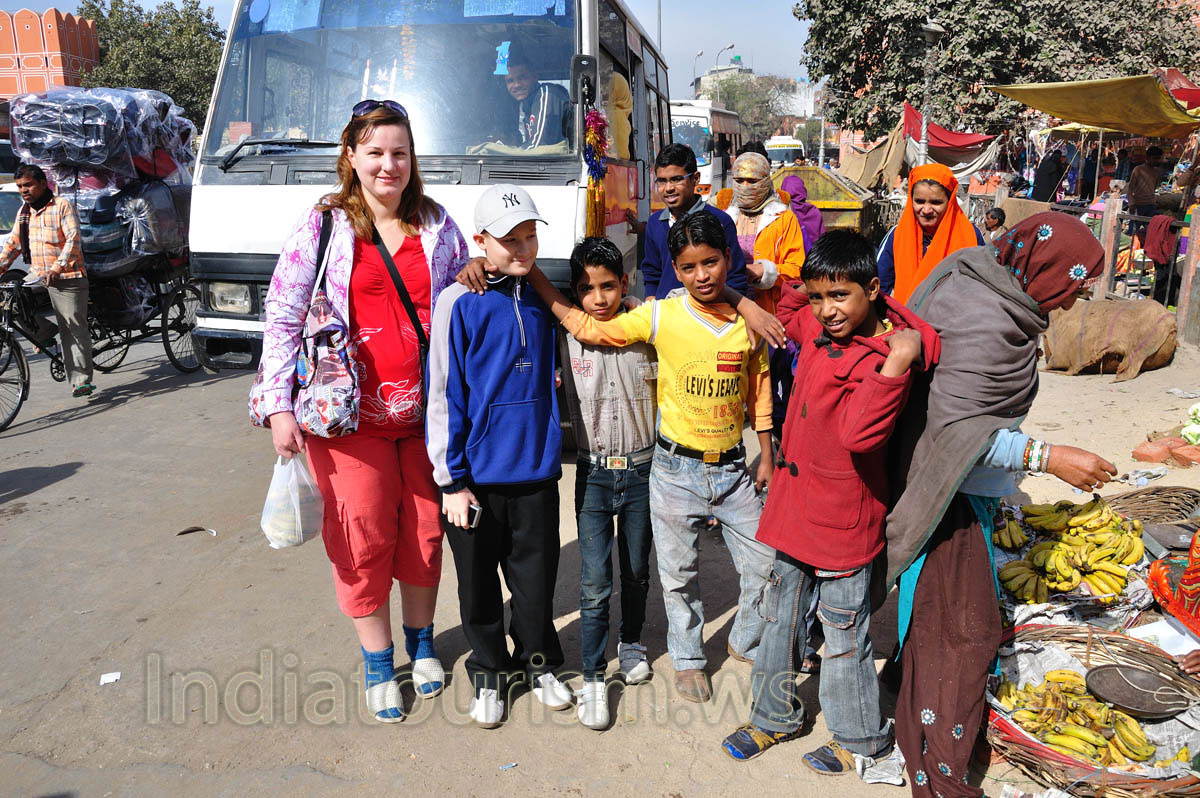 My wife, my son and Indian boys near Chandpole Gate