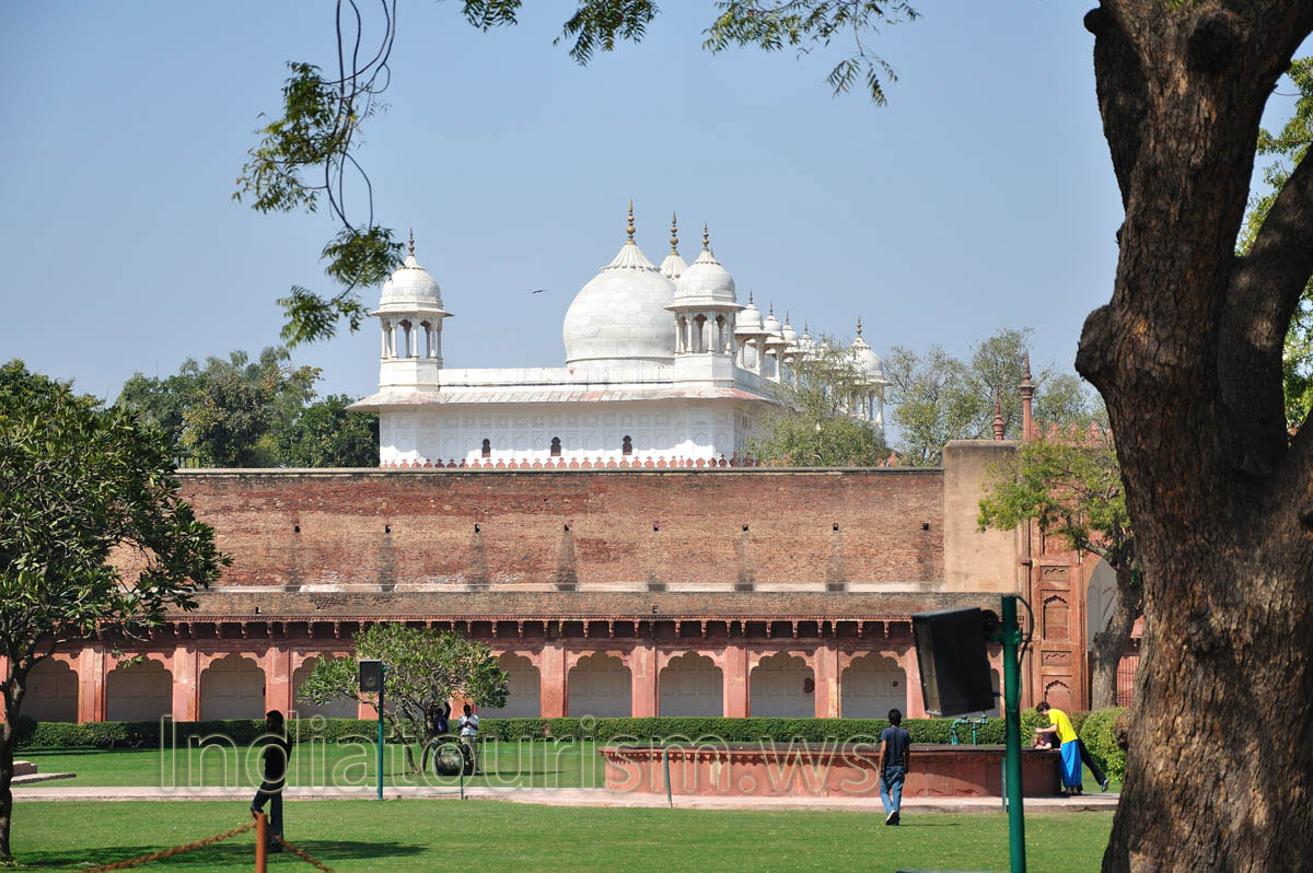 White marble domes of the Moti Masjid