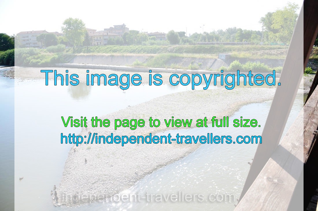 Birds on the sandbank of Marecchia river under the Scout's bridge