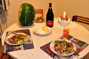 Our modest dinner for three includes the Lambrusco wine and the watermelon, the meat and the olives