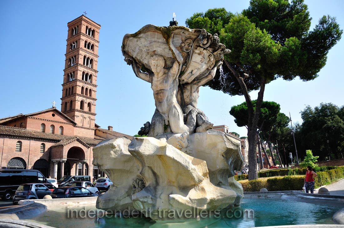 The fountain of the Tritons is located in front of the basilica of Santa Maria in Cosmedin