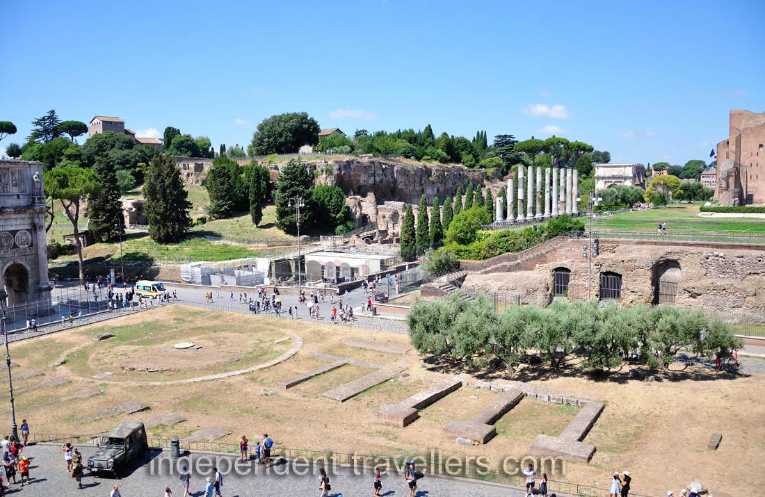 The Via Sacra street leads from the Colosseum to the Roman Forum