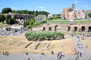 The Colosseum is situated just east of the Roman Forum