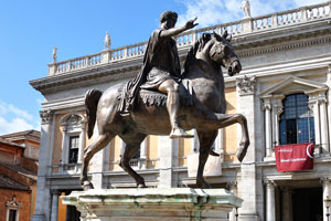 In the center of the Capitoline Square stands an equestrian statue of the Roman Emperor Marcus Aurelius