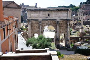 The Arch of Septimius Severus is found at the northeast end of the Roman Forum