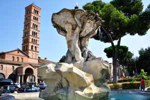 The fountain of the Tritons is located in front of the basilica of Santa Maria in Cosmedin