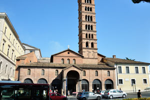 The basilica of Santa Maria in Cosmedin as seen from the fountain of the Tritons