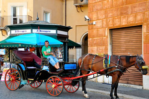 An elegant carriage is on Piazza Navona