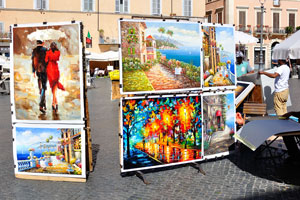 Piazza Navona is full of street artists and colourful paintings