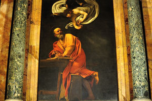 “The Inspiration of Saint Matthew” painted by Caravaggio in 1599-1600