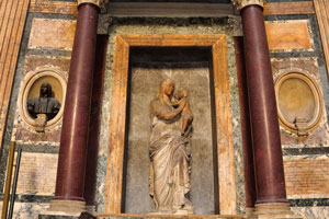 The tomb of Raphael is found in the Pantheon right under this statue