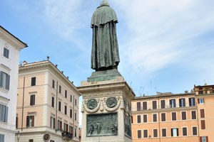 The rear side of the monument to philosopher Giordano Bruno which is situated in Campo de' Fiori