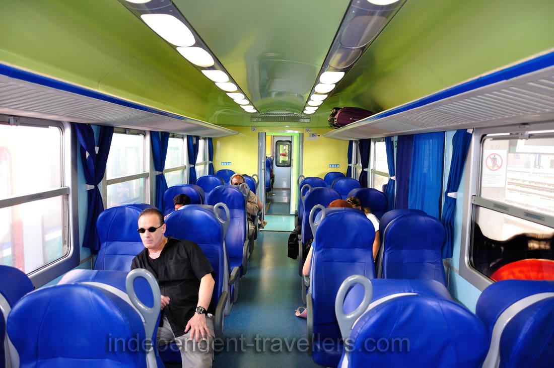 This is the interior of an electric train carriage which travels from Rimini to Pesaro