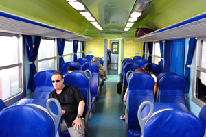 This is the interior of an electric train carriage which travels from Rimini to Pesaro