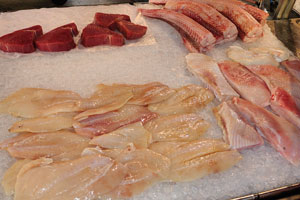 Fish fillet of different species on sale