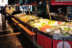 Line of the fish counters on the Rialto market