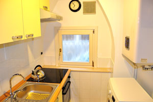 The kitchen is equipped with the electric stove and the sink, the washing machine and the water heater