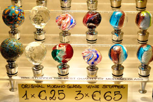 Wine stoppers from Murano glass are in the souvenir shop on the St Mark's Square