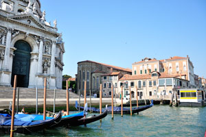 Gondolas docked in front of the Basilica di Santa Maria della Salute