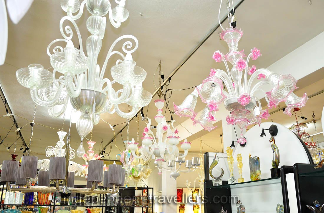 Flower glass chandeliers in the shop on Murano