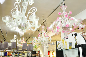 Flower glass chandeliers in the shop on Murano