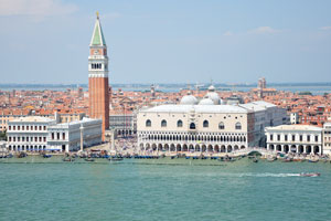 The close-up view of San Marco Campanile and Doge's Palace from the bell tower of San Giorgio Maggiore