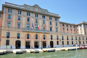 The facade of palace of the Veneto Region is adorned with three flags