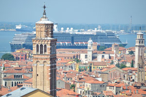 The view of the huge cruise liner of Holland America Line from the bell tower