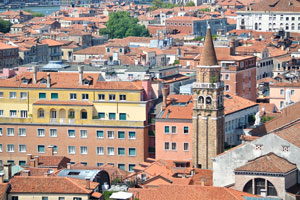 The view of bell tower of Chiesa di San Moise from the St Mark's Campanile bell tower