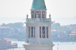 The close-up view of the bell tower of San Giorgio Maggiore from the St Mark's bell tower
