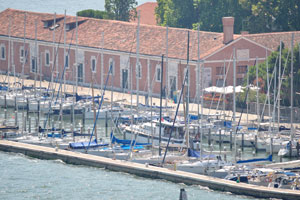 A boat dock is on the island of San Giorgio Maggiore