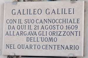The plaque about the telescope of Galileo Galilei is at the viewing area of the St Mark's bell tower