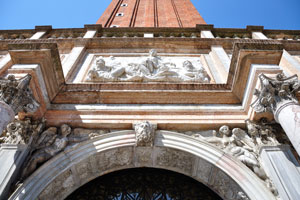 Steel nails were installed into the roof beams against the pigeons at the entrance to St Mark's Campanile