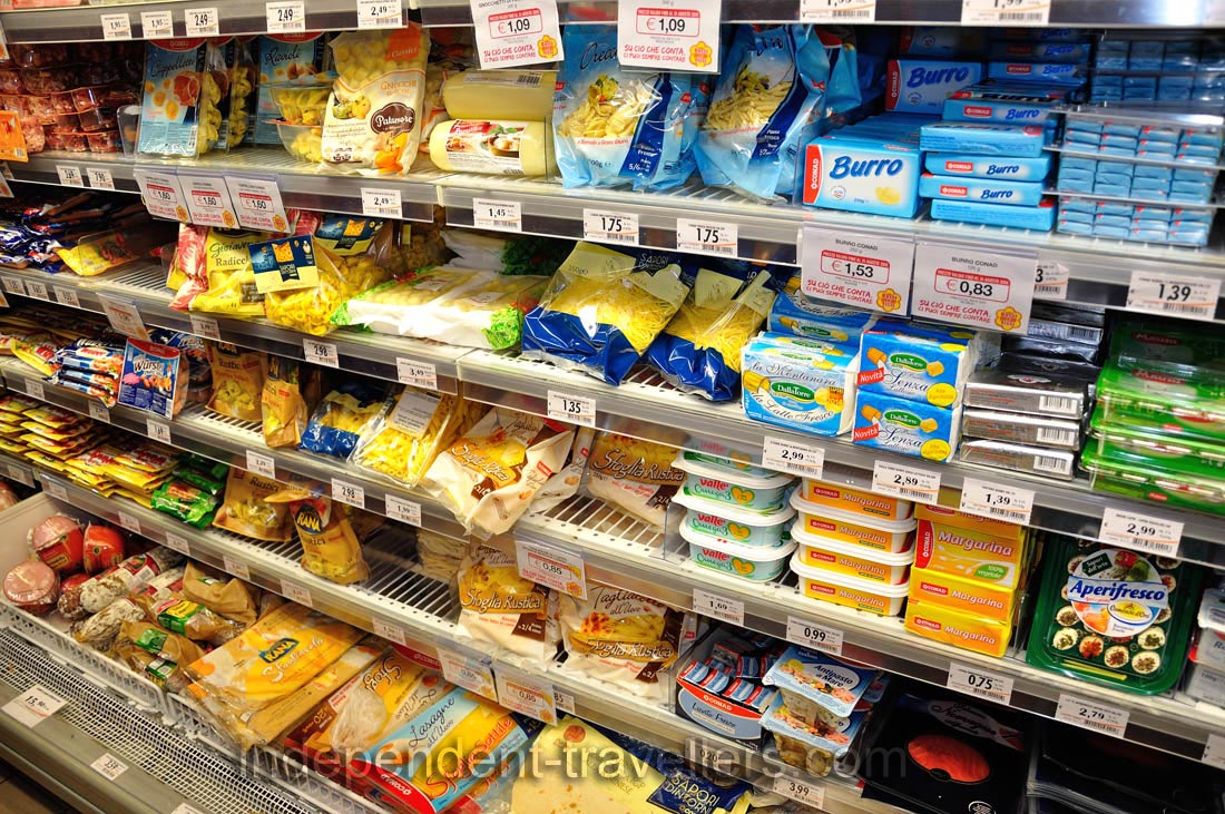 Wide assortment of dairy products with prices in the grocery near the church of Frari