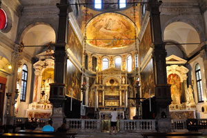 The inner interior of the church of San Rocco is adorned by the three apses