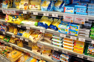 Wide assortment of dairy products with prices in the grocery near the church of Frari