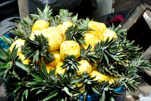 Peeled pineapples for sale are on the fruit market on Boulevard de la Paix